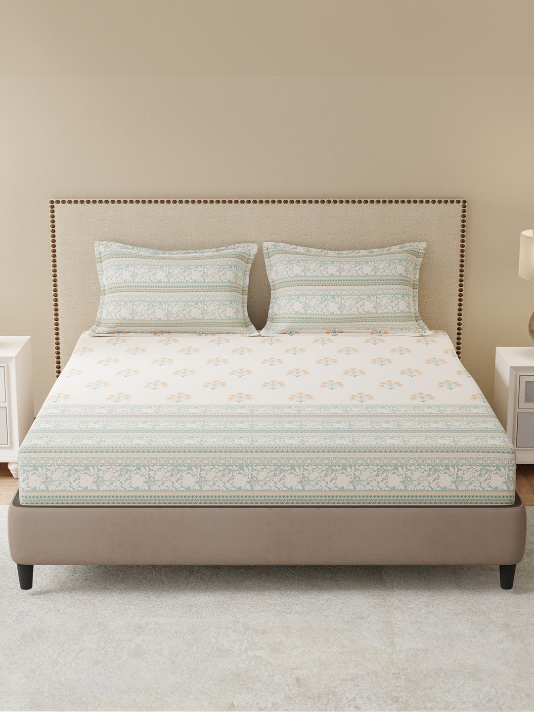 King Bedsheet Set, 100% Cotton 200 TC, Blue Floral, Valatia Tarang