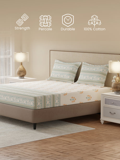 King Bedsheet Set, 100% Cotton 200 TC, Blue Floral, Valatia Tarang