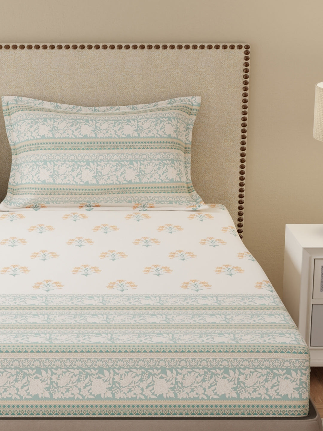 King Bedsheet Set, 100% Cotton 200 TC, Blue Floral, Valatia Tarang