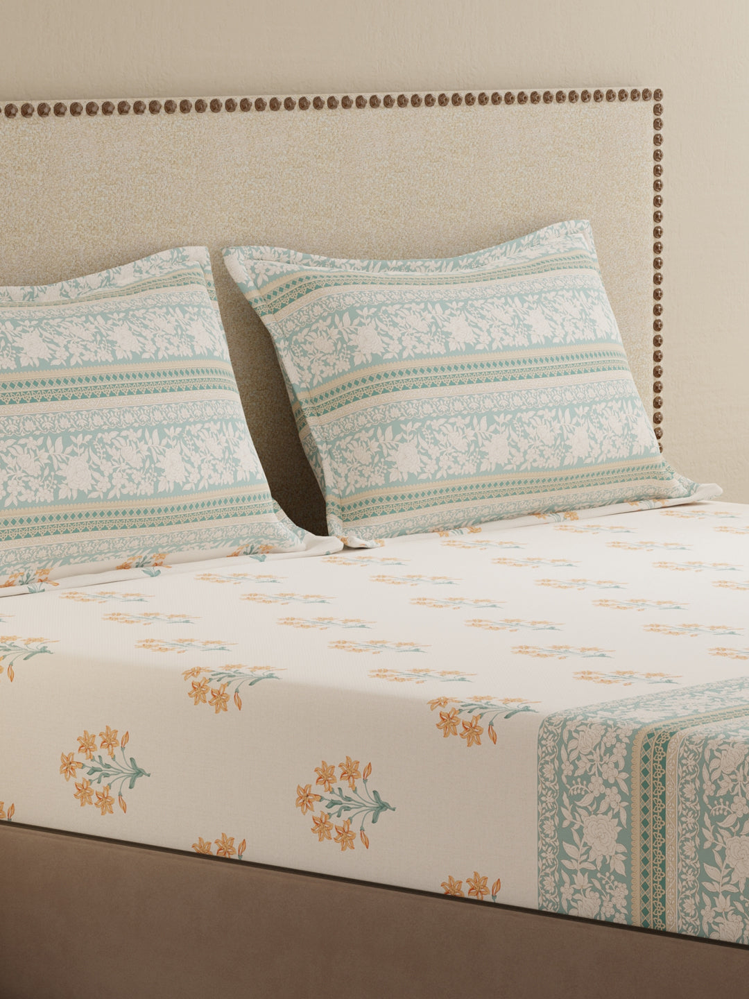 King Bedsheet Set, 100% Cotton 200 TC, Blue Floral, Valatia Tarang