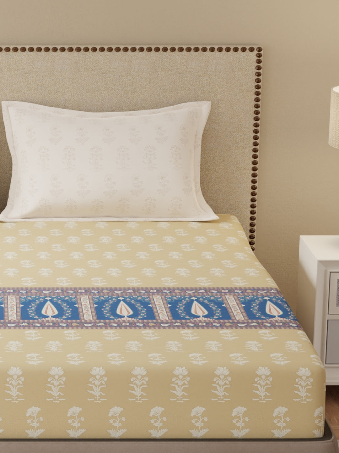 King Bedsheet Set, 100% Cotton 200 TC, Light Yellow Floral, Valatia Tarang