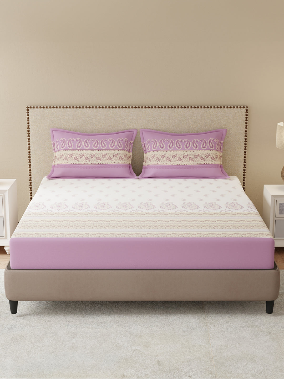 King Bedsheet Set, 100% Cotton 200 TC, Purple & White Floral, Valatia Tarang