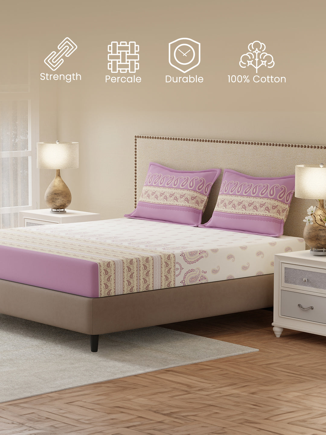 King Bedsheet Set, 100% Cotton 200 TC, Purple & White Floral, Valatia Tarang