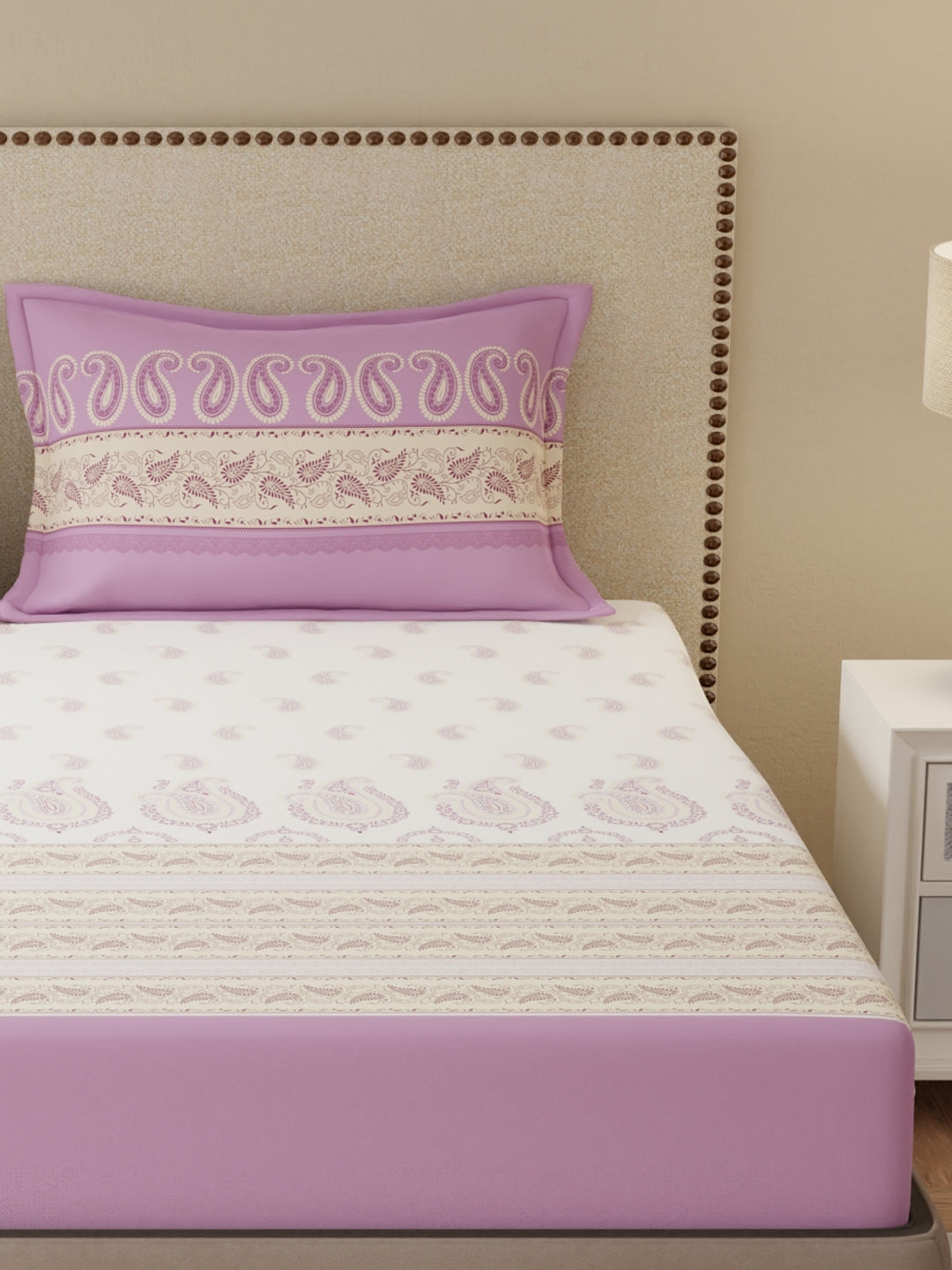 King Bedsheet Set, 100% Cotton 200 TC, Purple & White Floral, Valatia Tarang