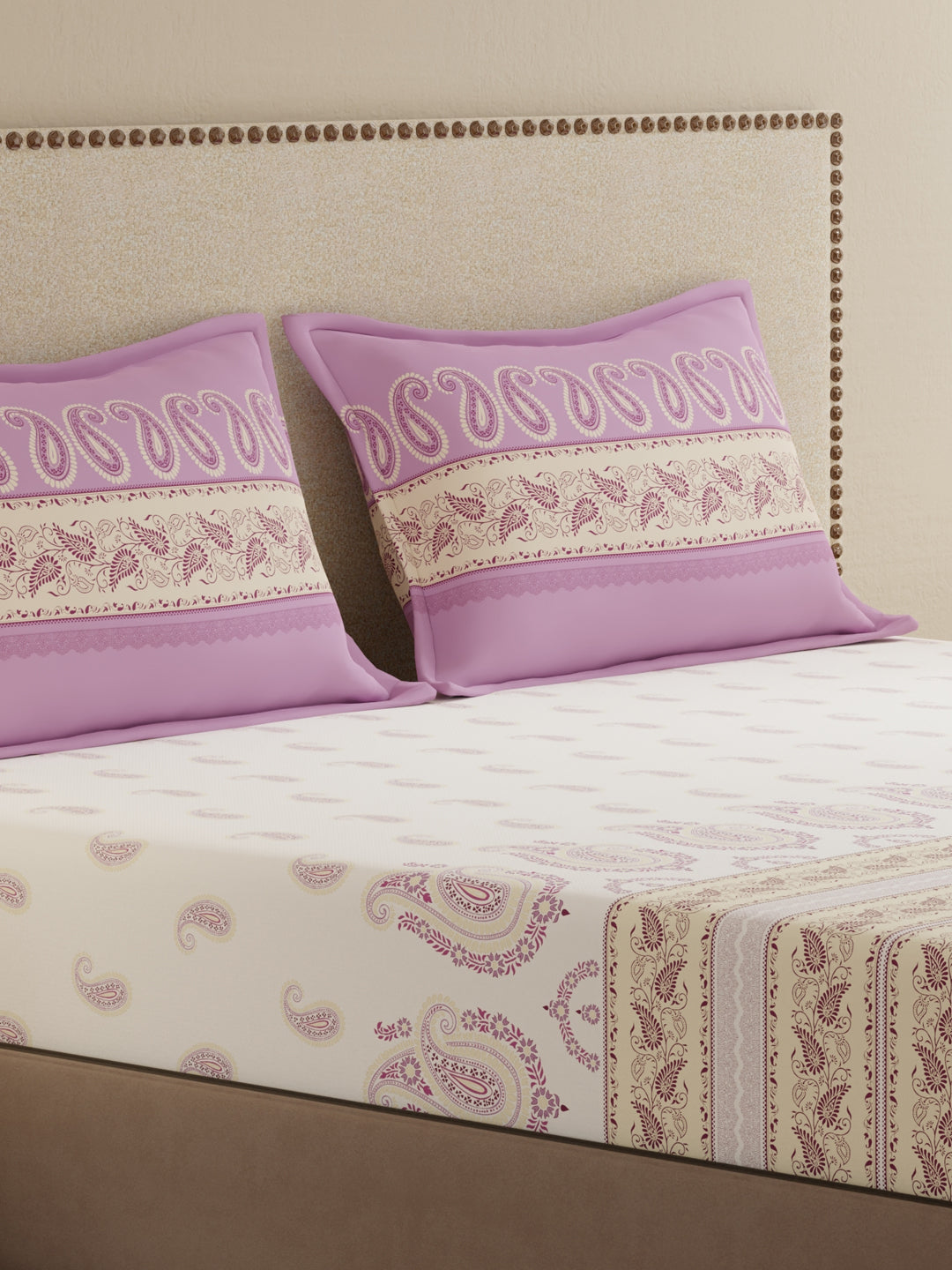 King Bedsheet Set, 100% Cotton 200 TC, Purple & White Floral, Valatia Tarang