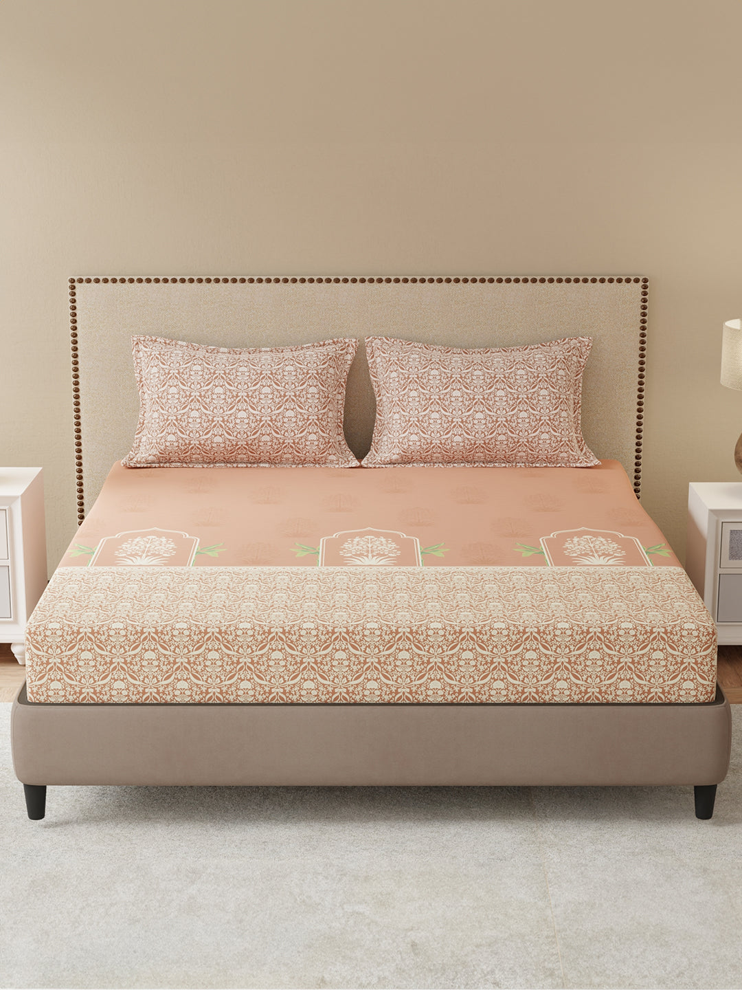 King Bedsheet Set, 100% Cotton 200 TC, Brown Floral, Valatia Tarang