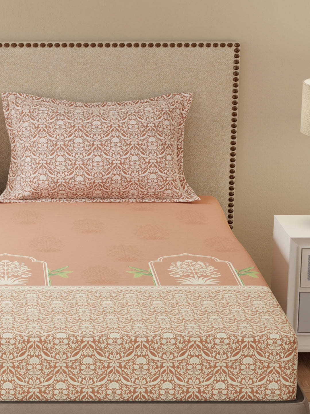 King Bedsheet Set, 100% Cotton 200 TC, Brown Floral, Valatia Tarang