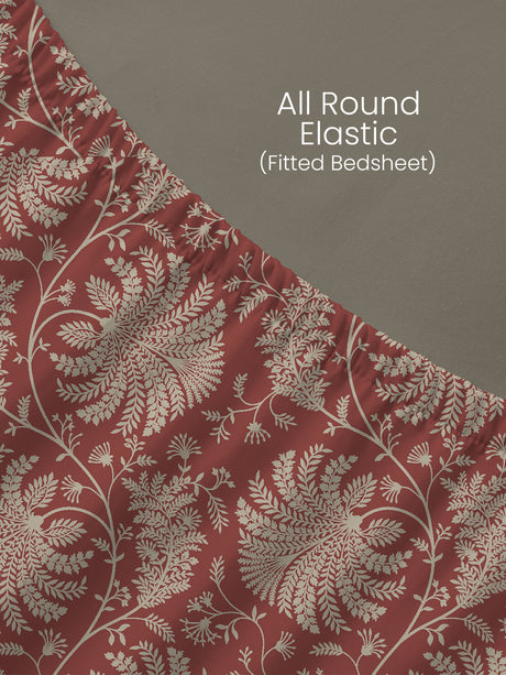 100% Cotton 200 TC, Brown Floral, King Size Fitted Sheet with 2 Pillow Covers - Valatia Collection