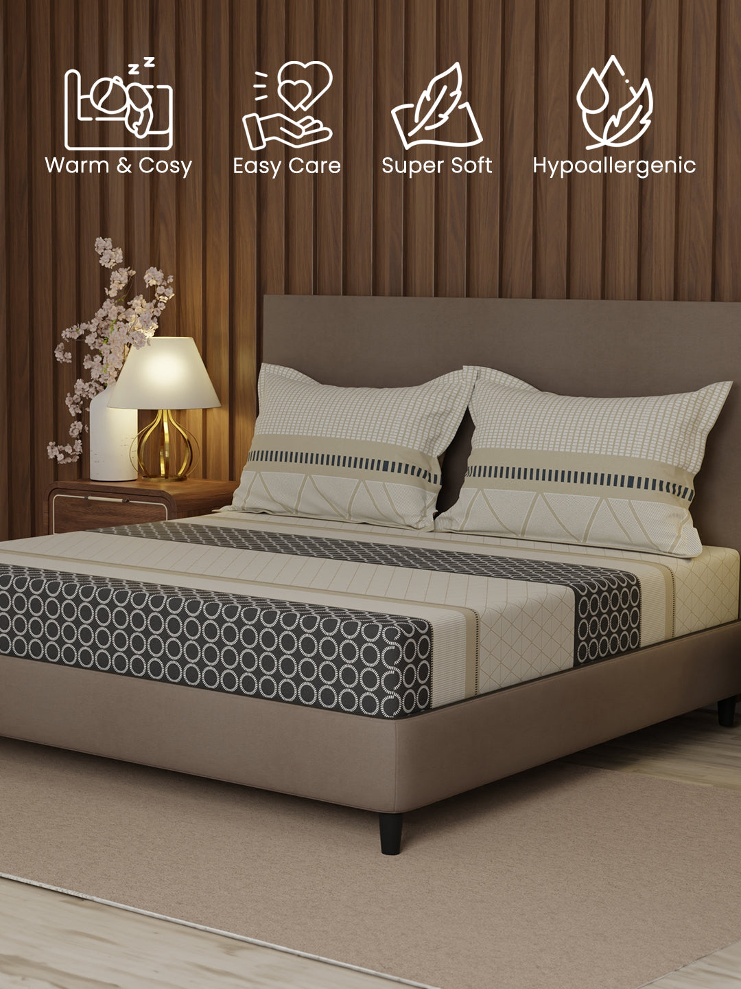 100% Cotton 200 TC, Grey Geometric Print, King Fitted Sheet with 2 Pillow Covers, Valatia Collection