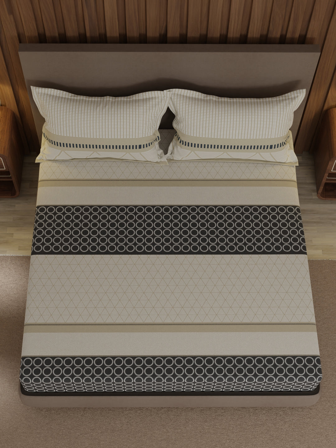 100% Cotton 200 TC, Grey Geometric Print, King Fitted Sheet with 2 Pillow Covers, Valatia Collection