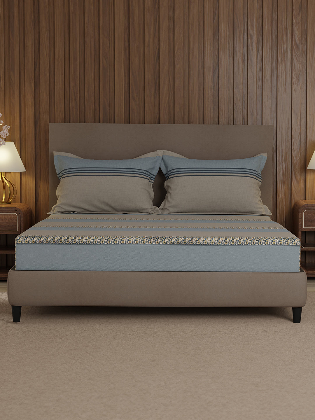 100% Cotton 200 TC, Grey & Blue Geometric Print, King Fitted Sheet with 2 Pillow Covers, Valatia Collection