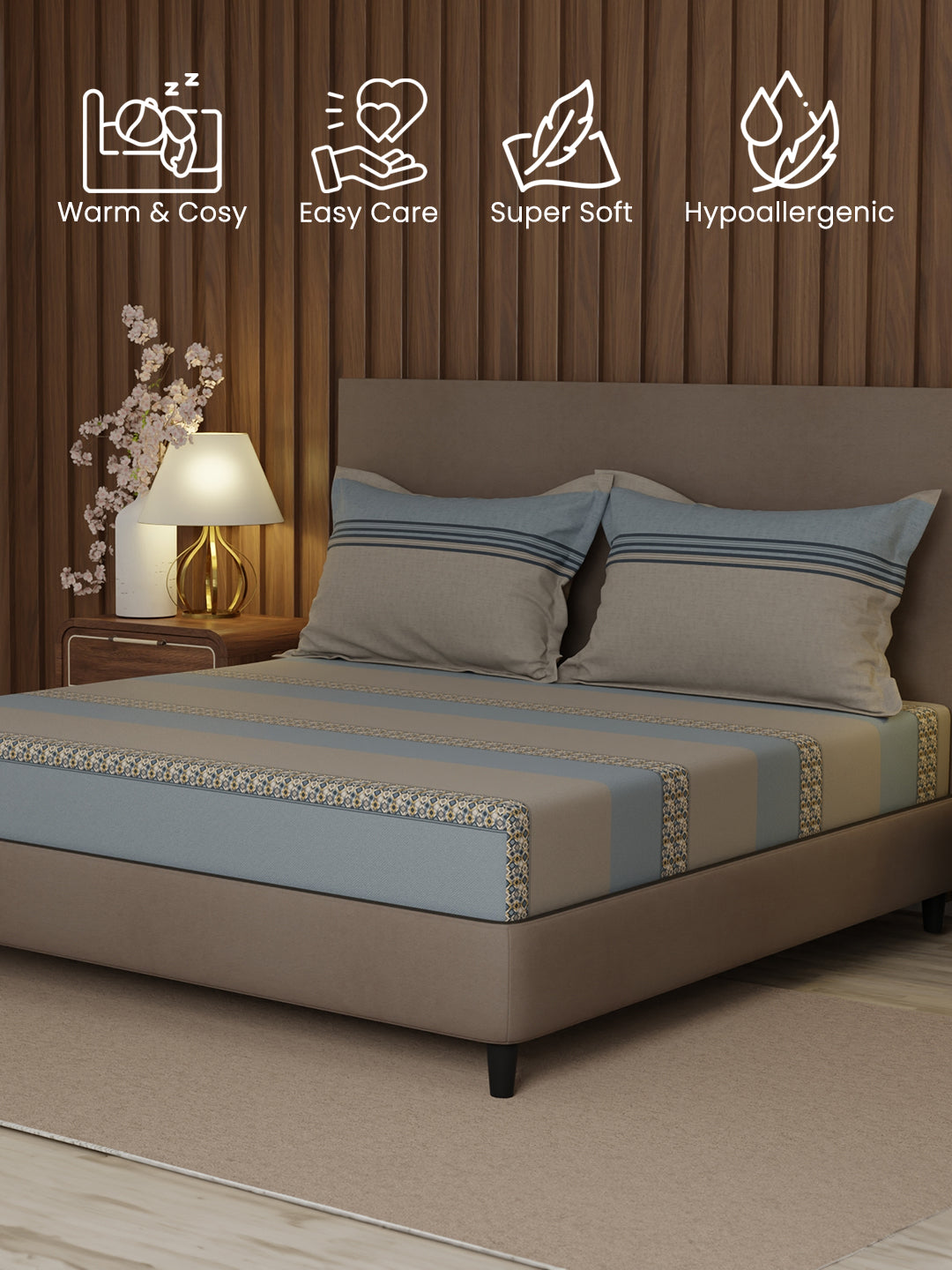 100% Cotton 200 TC, Grey & Blue Geometric Print, King Fitted Sheet with 2 Pillow Covers, Valatia Collection