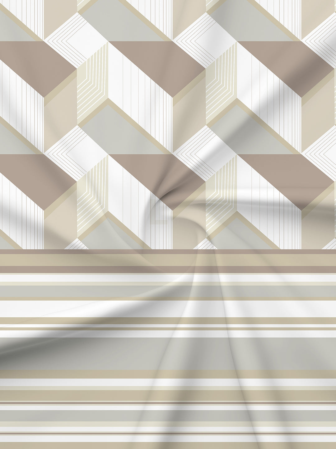 100% Cotton 200 TC, Beige Geometric Print, King Fitted Sheet with 2 Pillow Covers, Valatia Collection