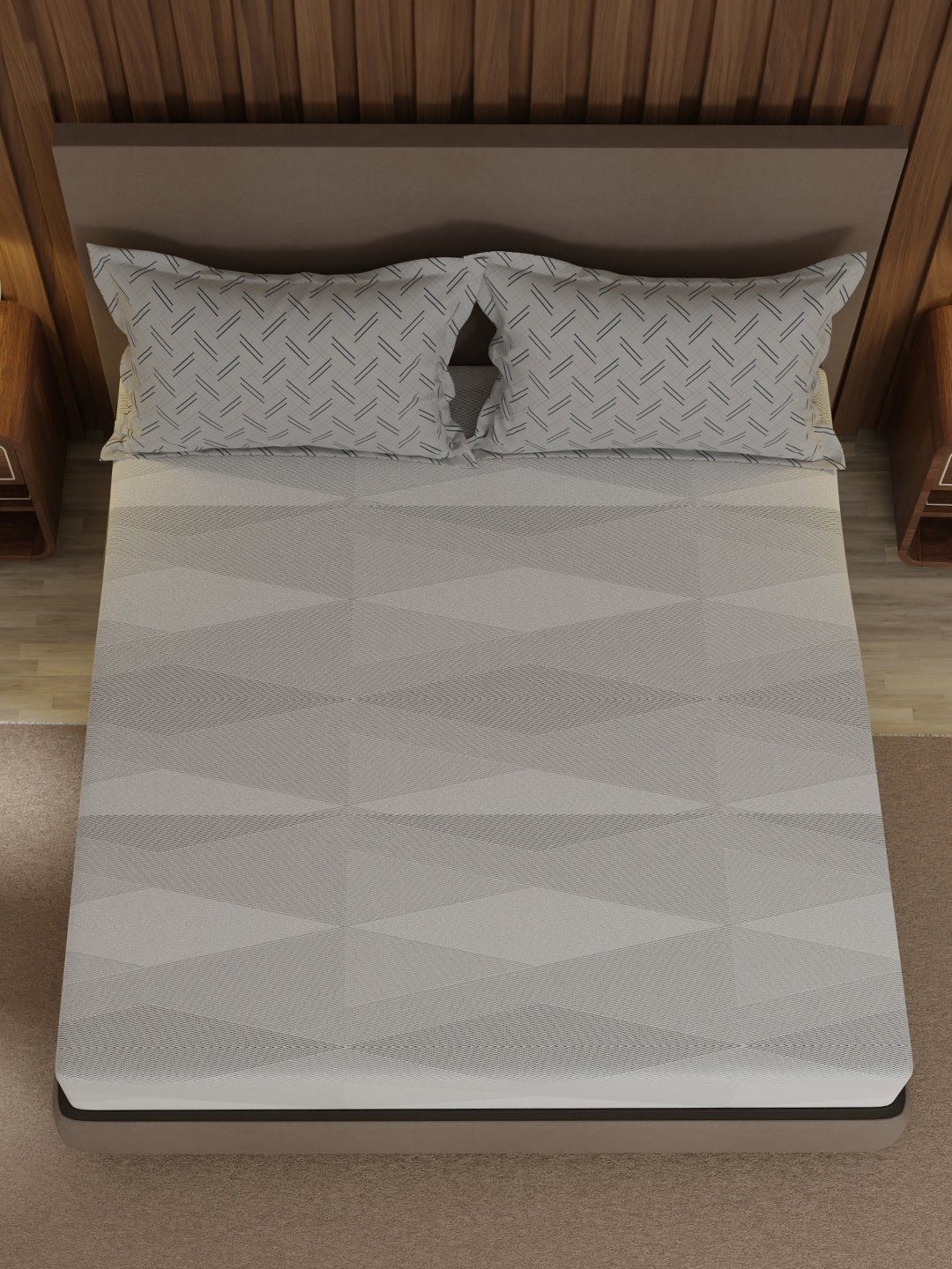 100% Cotton 200 TC, Grey Geometric Print, King Fitted Sheet with 2 Pillow Covers, Valatia Collection