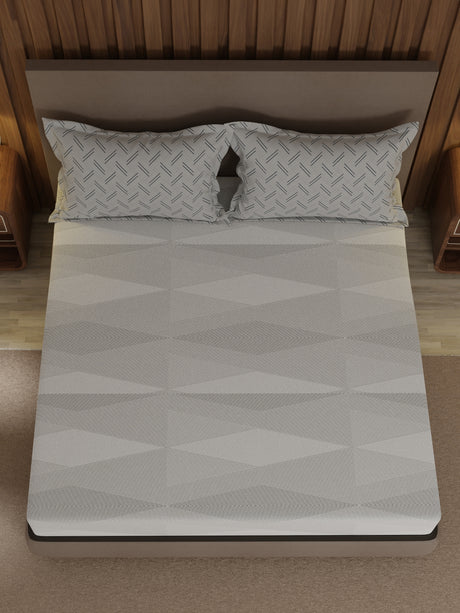 100% Cotton 200 TC, Grey Geometric Print, King Fitted Sheet with 2 Pillow Covers, Valatia Collection