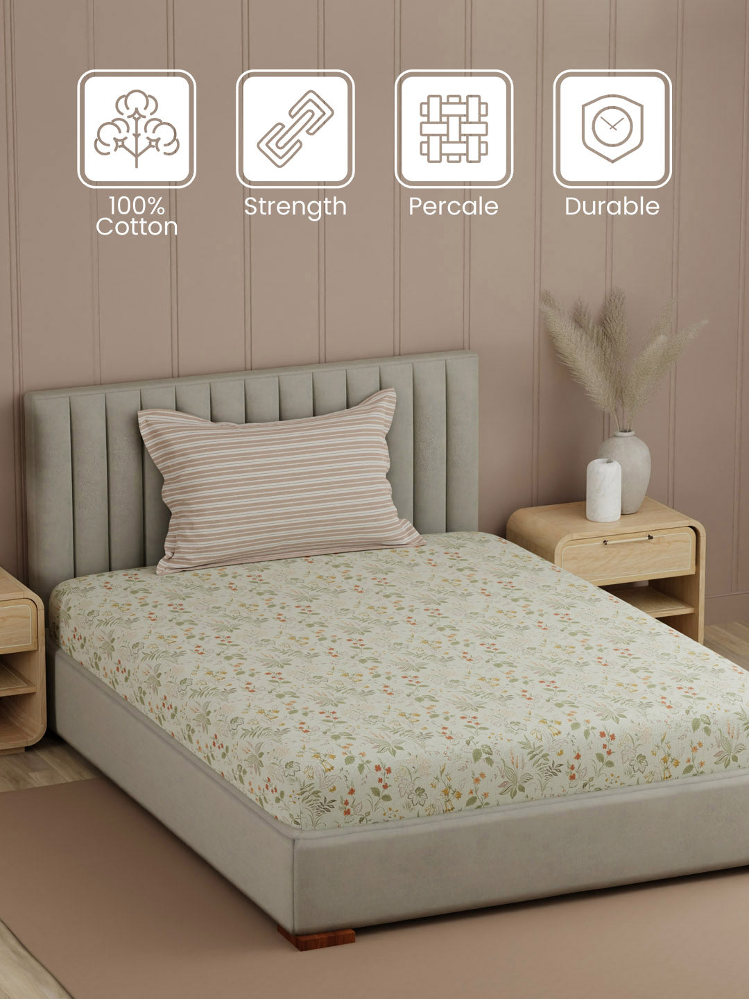 100% Cotton, 200 TC Printed Single Bedsheet Set, Valatia