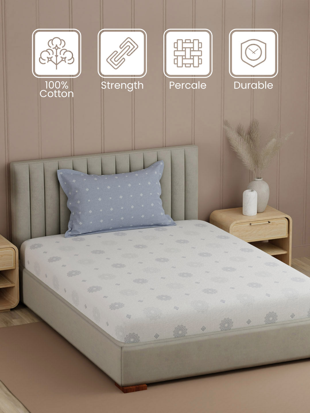 100% Cotton, 200 TC Printed Single Bedsheet Set, Valatia
