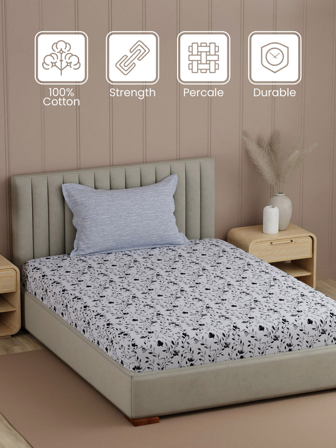 100% Cotton, 200 TC Printed Single Bedsheet Set, Valatia