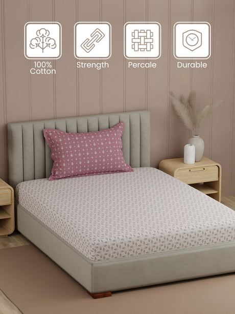 Valatia 100% Cotton 200 TC Single Bedsheet with 1 Pillow Cover | Printed Bedsheet Set
