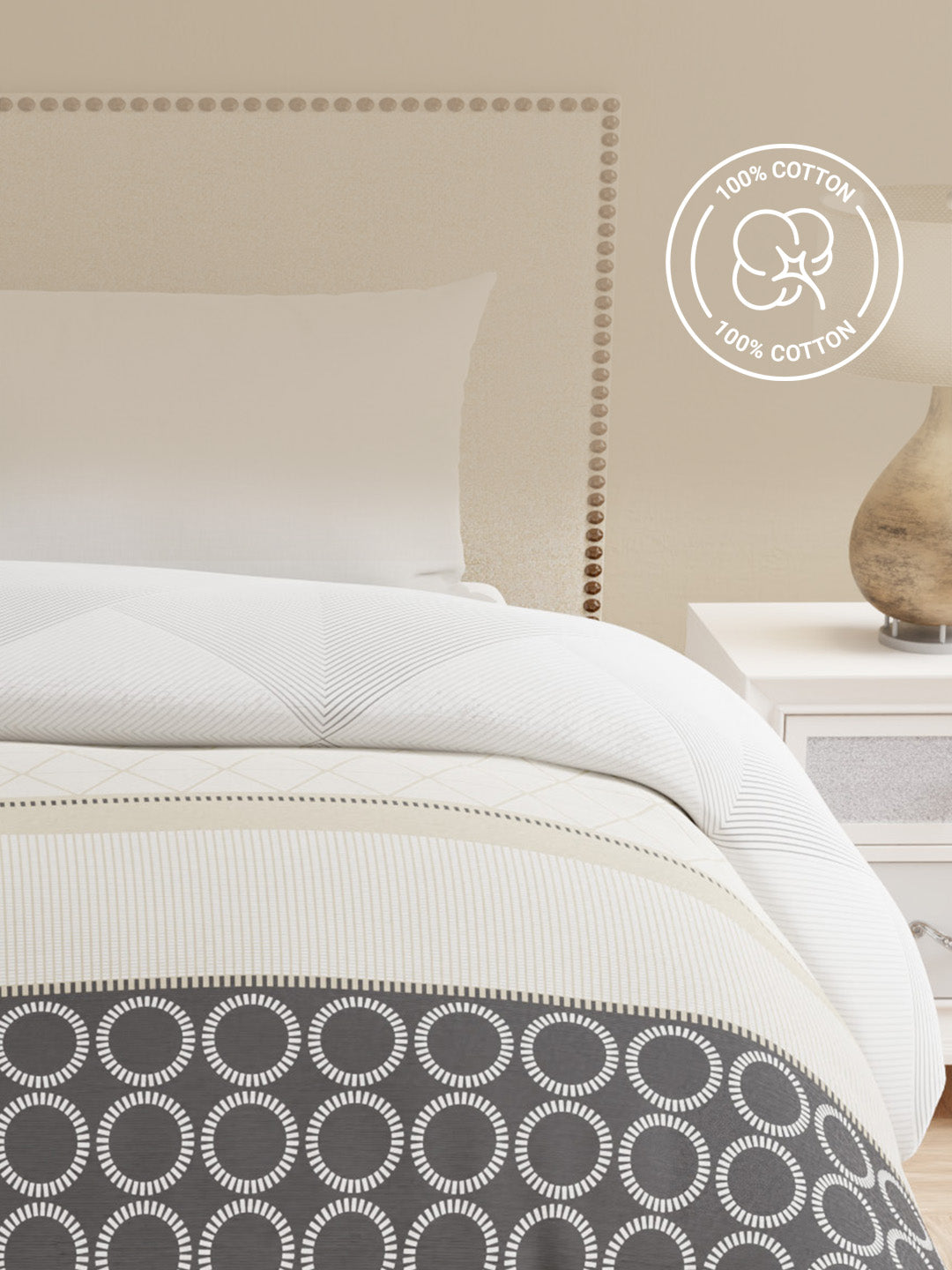 Double Size Reversible Comforter, 100% Cotton Grey Geometric, (2.74 m L x 2.29 m W),  For Mild Winter, All Season Valatia Collection