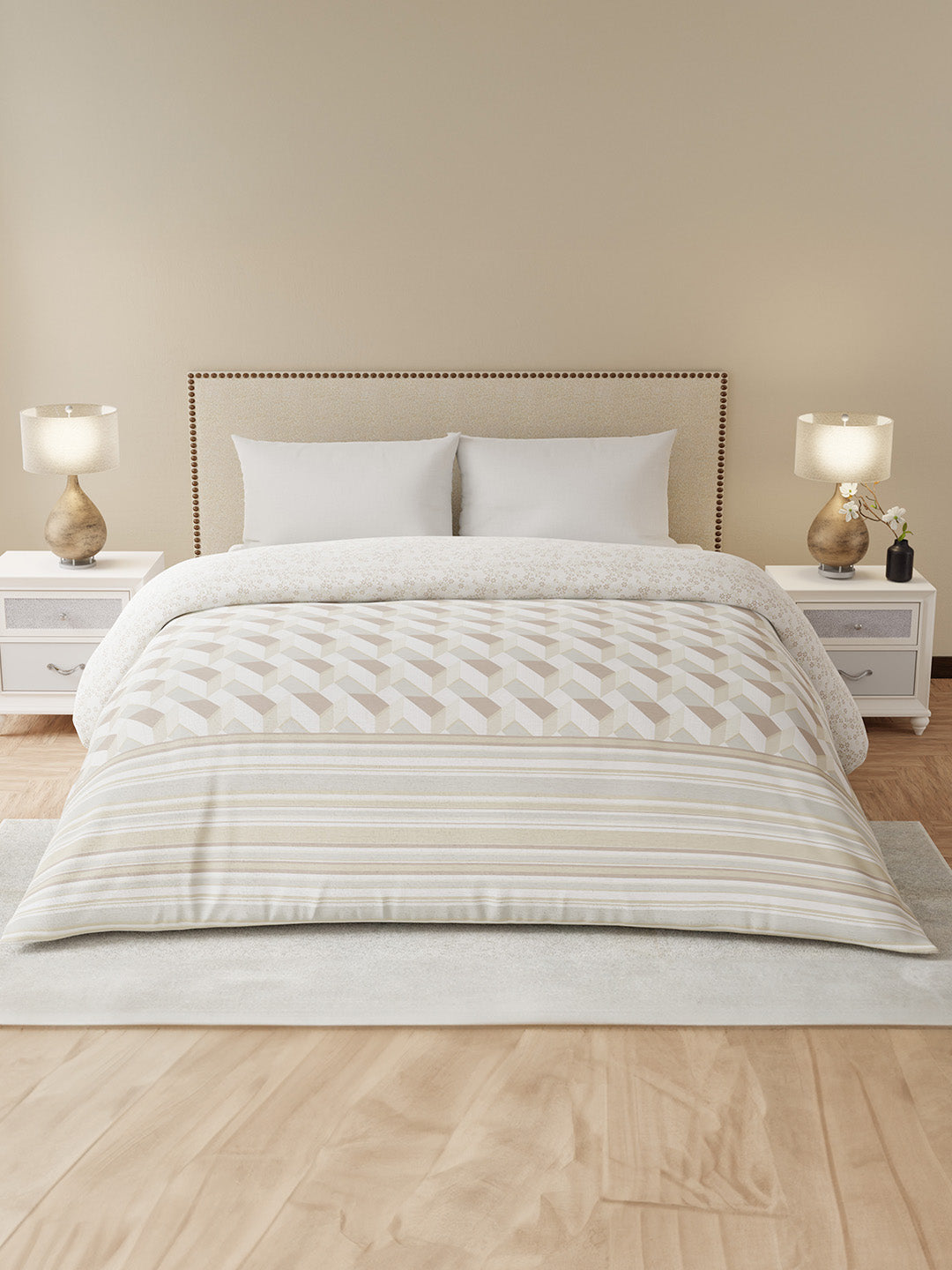 Double Size Reversible Comforter, 100% Cotton Beige Printed, (2.74 m L x 2.29 m W),  For Mild Winter, All Season Valatia Collection