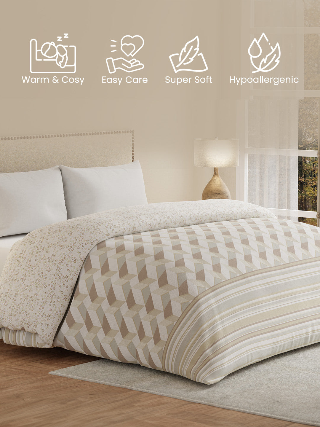 Double Size Reversible Comforter, 100% Cotton Beige Printed, (2.74 m L x 2.29 m W),  For Mild Winter, All Season Valatia Collection