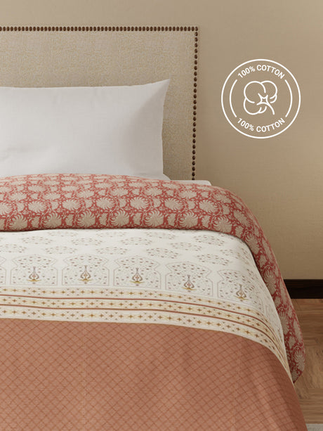 Single Size Reversible Comforter, 100% Cotton Brown Floral, (2.24 m L x 1.52 m W),  For Mild Winter, All Season Valatia Collection