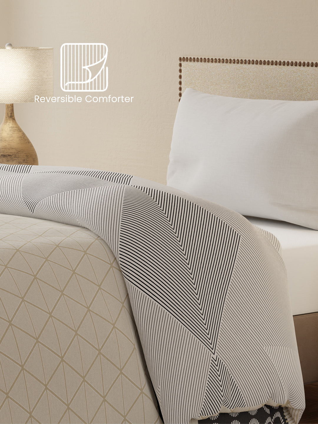 Single Size Reversible Comforter, 100% Cotton Grey Geometric, (2.24 m L x 1.52 m W),  For Mild Winter, All Season Valatia Collection