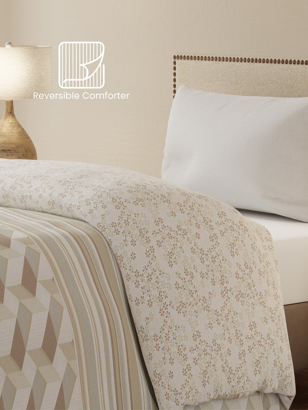 Single Size Reversible Comforter, 100% Cotton Beige Printed, (2.24 m L x 1.52 m W),  For Mild Winter, All Season Valatia Collection