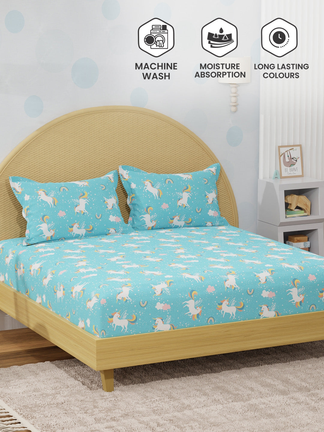 King Fitted Sheet Set for Kids, 100% Cotton 200 TC, Blue Unicorn Printed, Rock N Room