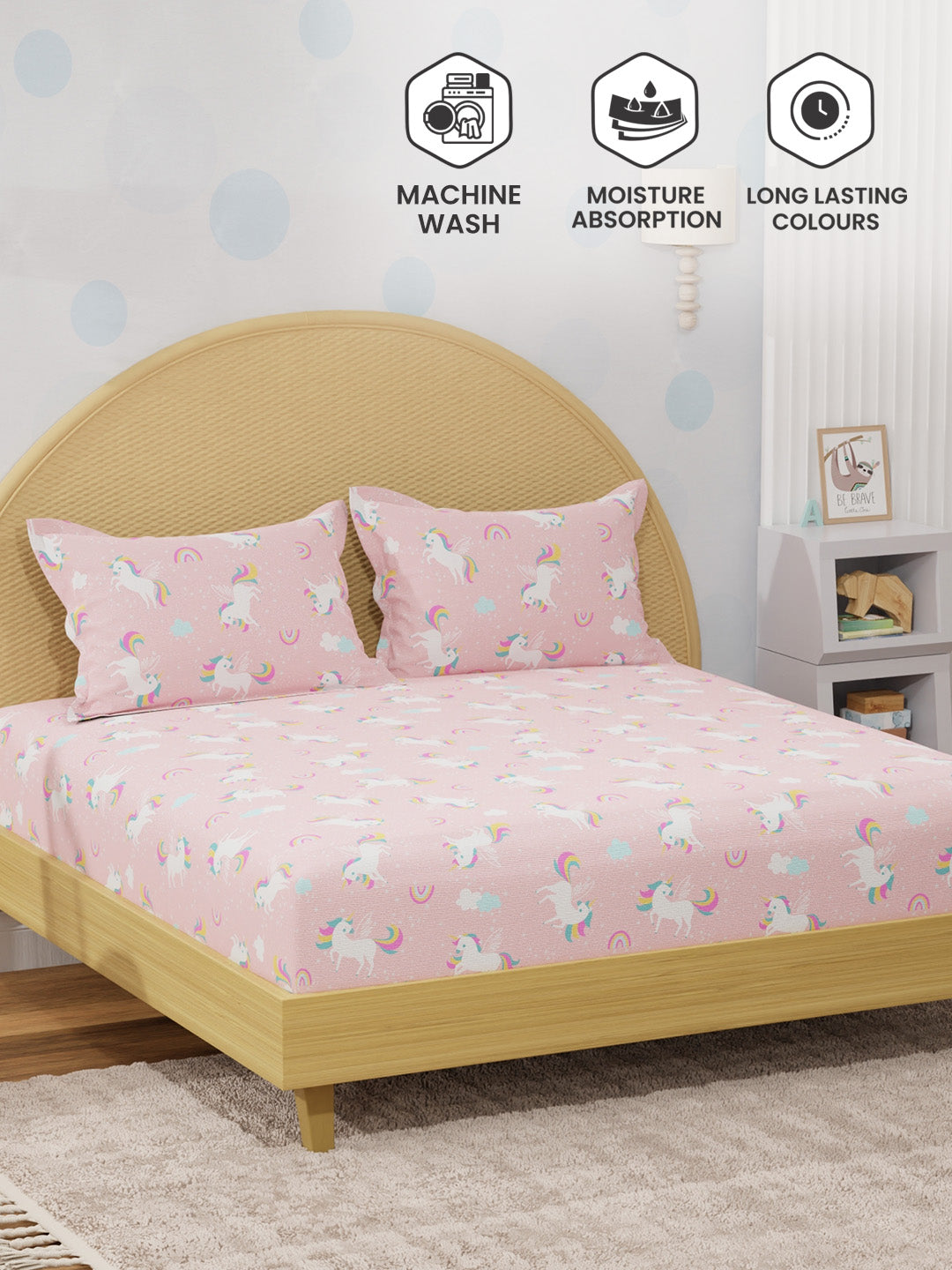 King Fitted Sheet Set for Kids, 100% Cotton 200 TC, Pink Unicorn Printed, Rock N Room