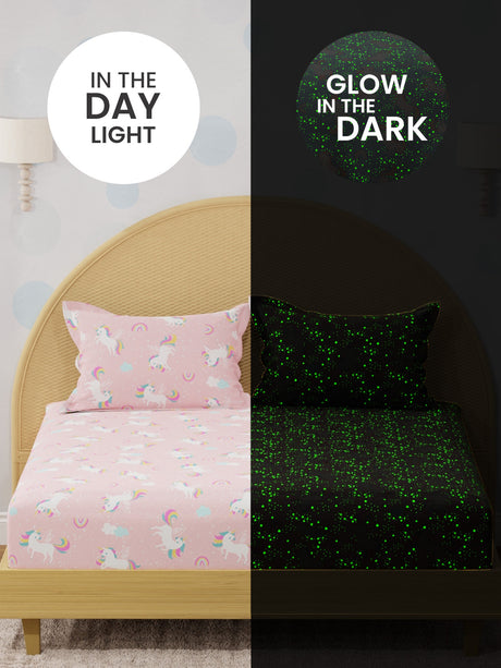 King Fitted Sheet Set for Kids, 100% Cotton 200 TC, Pink Unicorn Printed, Rock N Room
