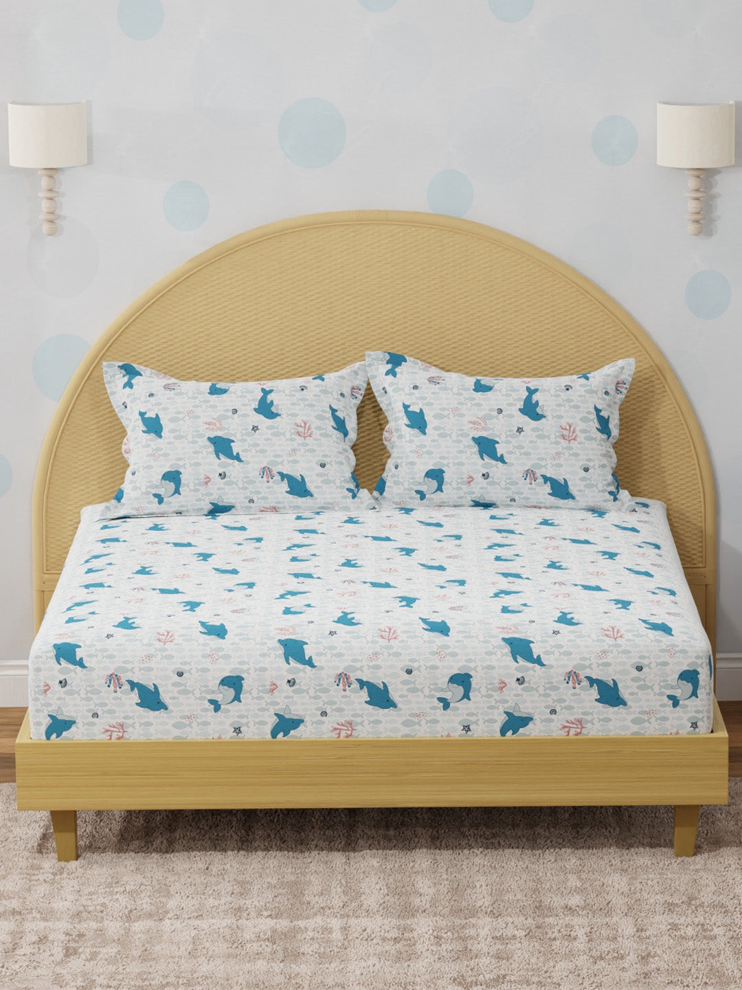 King Fitted Sheet Set for Kids, 100% Cotton 200 TC, Blue Dolphin Printed, Rock N Room
