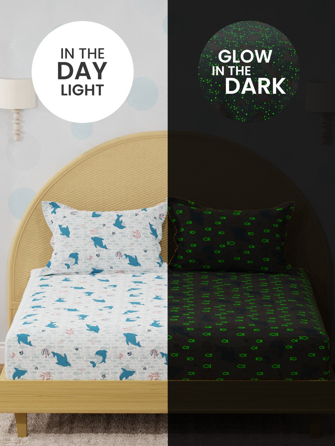 King Fitted Sheet Set for Kids, 100% Cotton 200 TC, Blue Dolphin Printed, Rock N Room