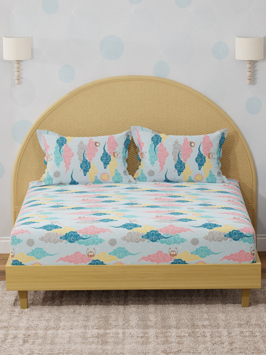 King Fitted Sheet Set for Kids, 100% Cotton 200 TC, Blue Space & Rocket Printed, Rock N Room