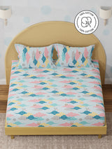 King Fitted Sheet Set for Kids, 100% Cotton 200 TC, Blue Space & Rocket Printed, Rock N Room