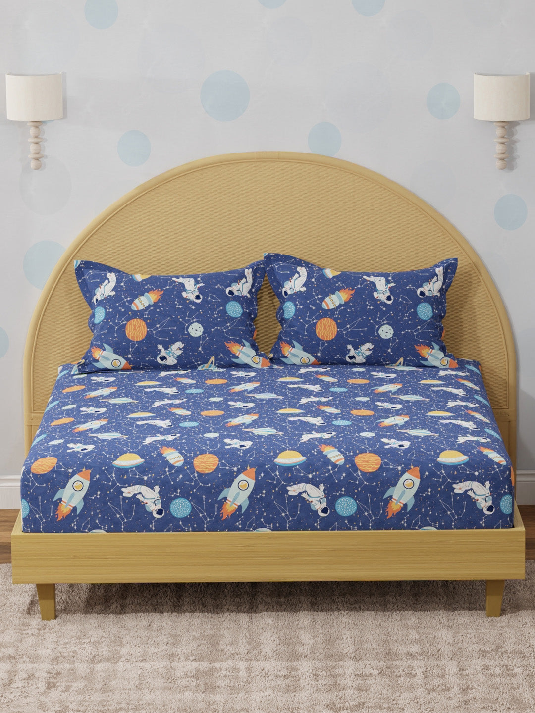 King Fitted Sheet Set for Kids, 100% Cotton 200 TC, Blue Space & Rocket Printed, Rock N Room