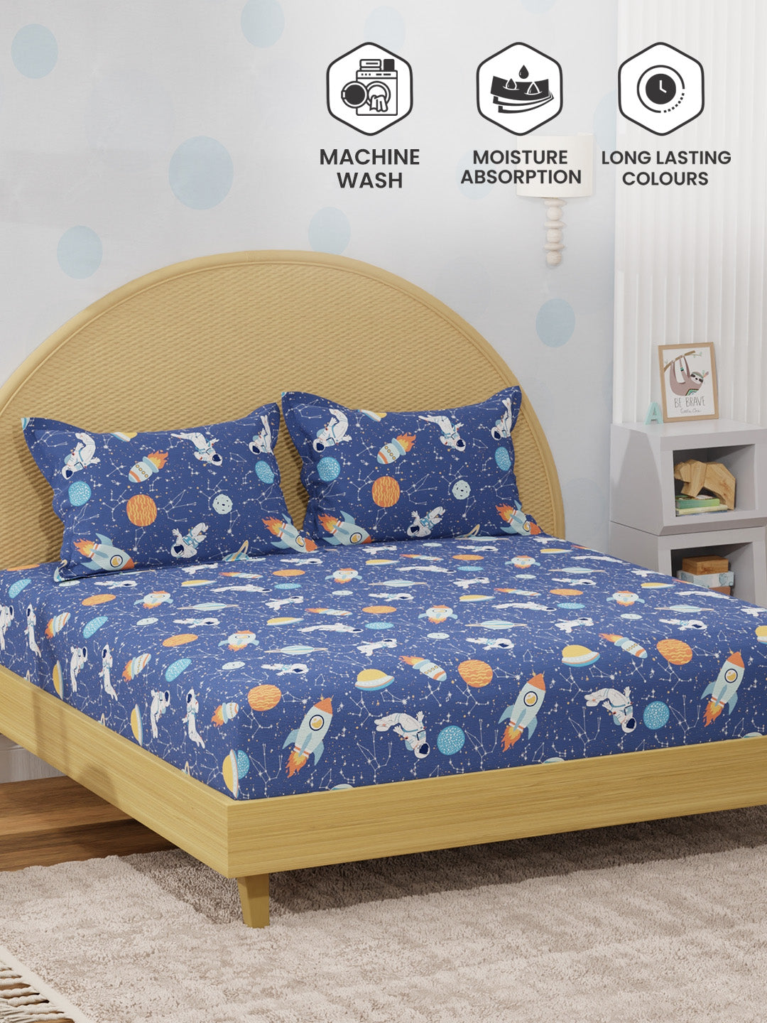 King Fitted Sheet Set for Kids, 100% Cotton 200 TC, Blue Space & Rocket Printed, Rock N Room