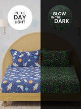 King Fitted Sheet Set for Kids, 100% Cotton 200 TC, Blue Space & Rocket Printed, Rock N Room