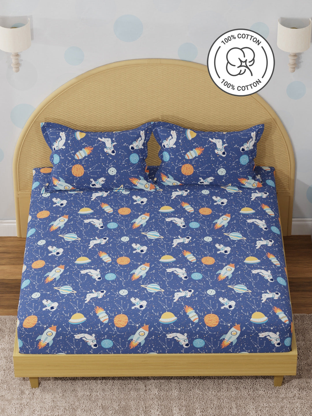 King Fitted Sheet Set for Kids, 100% Cotton 200 TC, Blue Space & Rocket Printed, Rock N Room