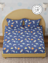 King Fitted Sheet Set for Kids, 100% Cotton 200 TC, Blue Space & Rocket Printed, Rock N Room