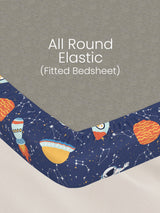 King Fitted Sheet Set for Kids, 100% Cotton 200 TC, Blue Space & Rocket Printed, Rock N Room