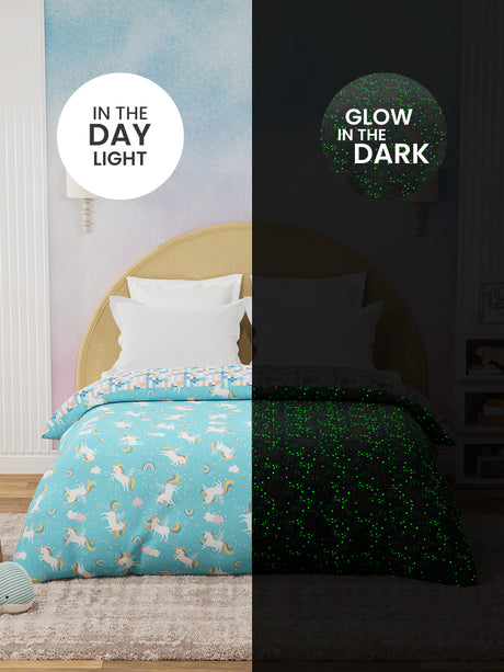 100% Cotton Blue Reversible Double Comforter For Kids, 200 TC Unicorn Print , Rock N Room Collection