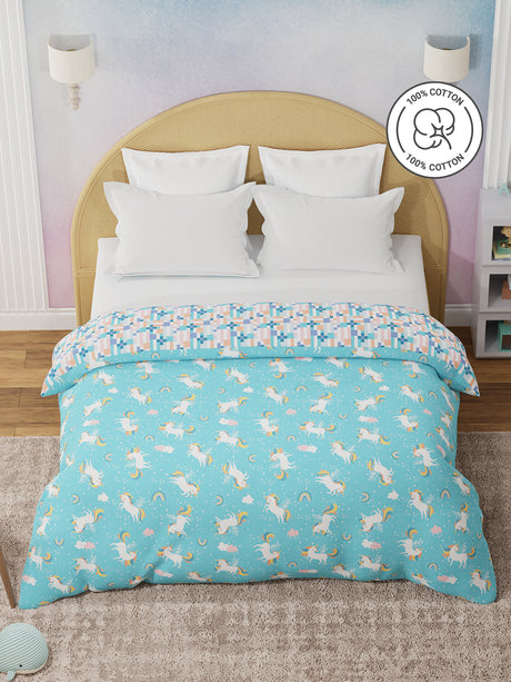 100% Cotton Blue Reversible Double Comforter For Kids, 200 TC Unicorn Print , Rock N Room Collection