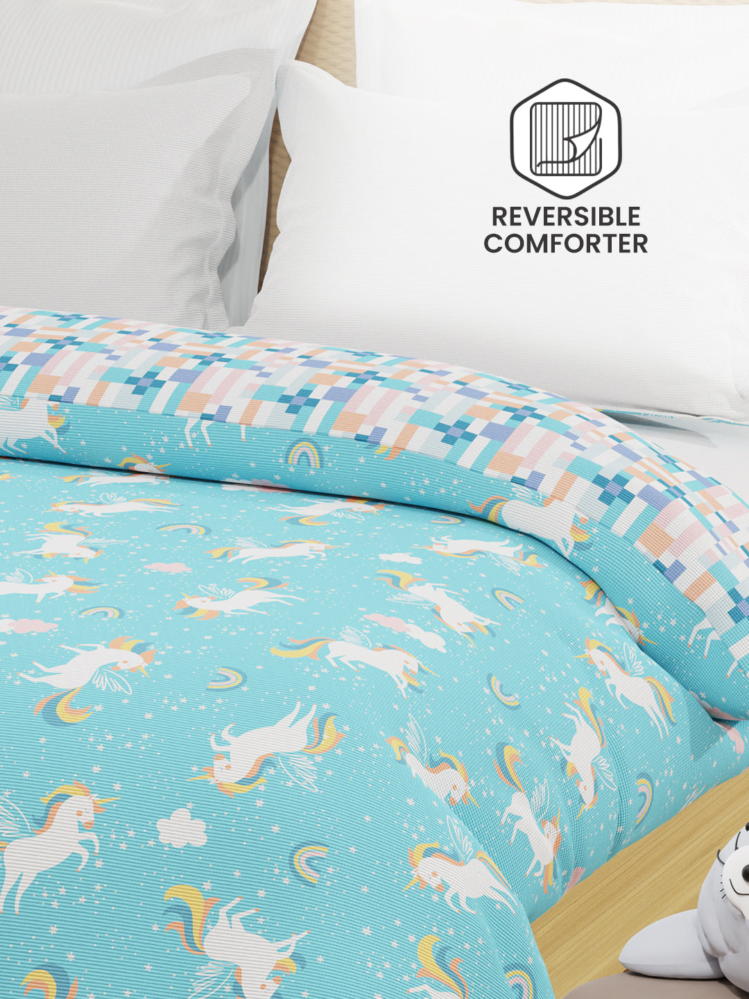 100% Cotton Blue Reversible Double Comforter For Kids, 200 TC Unicorn Print , Rock N Room Collection