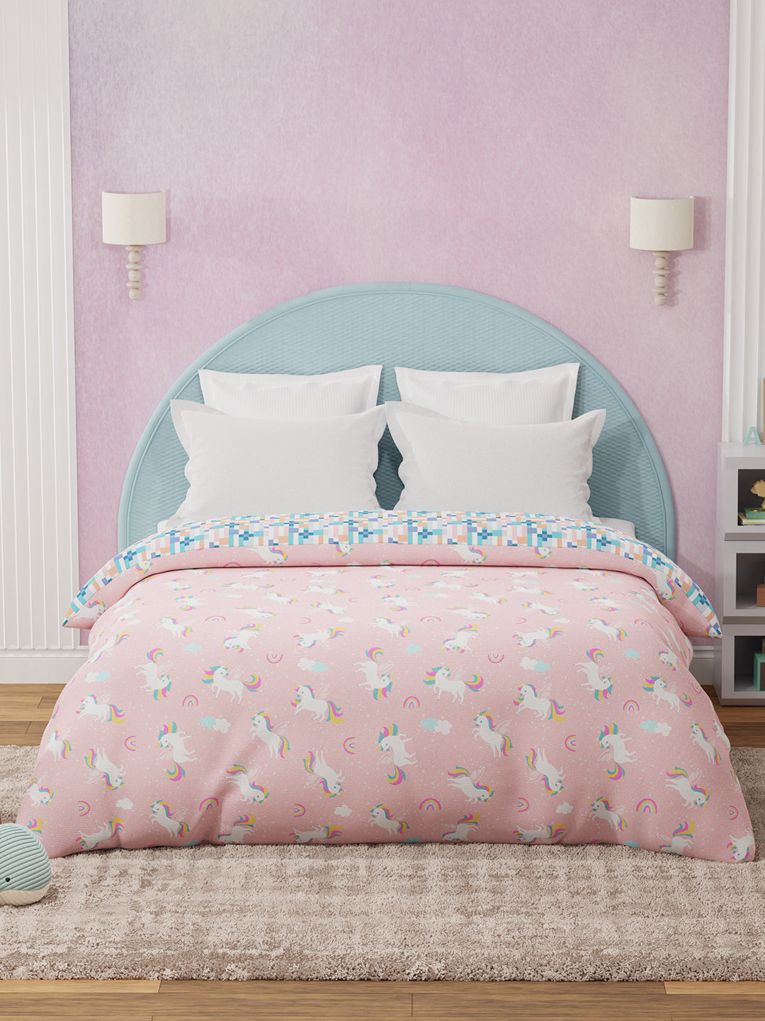 100% Cotton Pink Reversible Double Comforter For Kids, 200 TC Unicorn Print, Rock N Room Collection