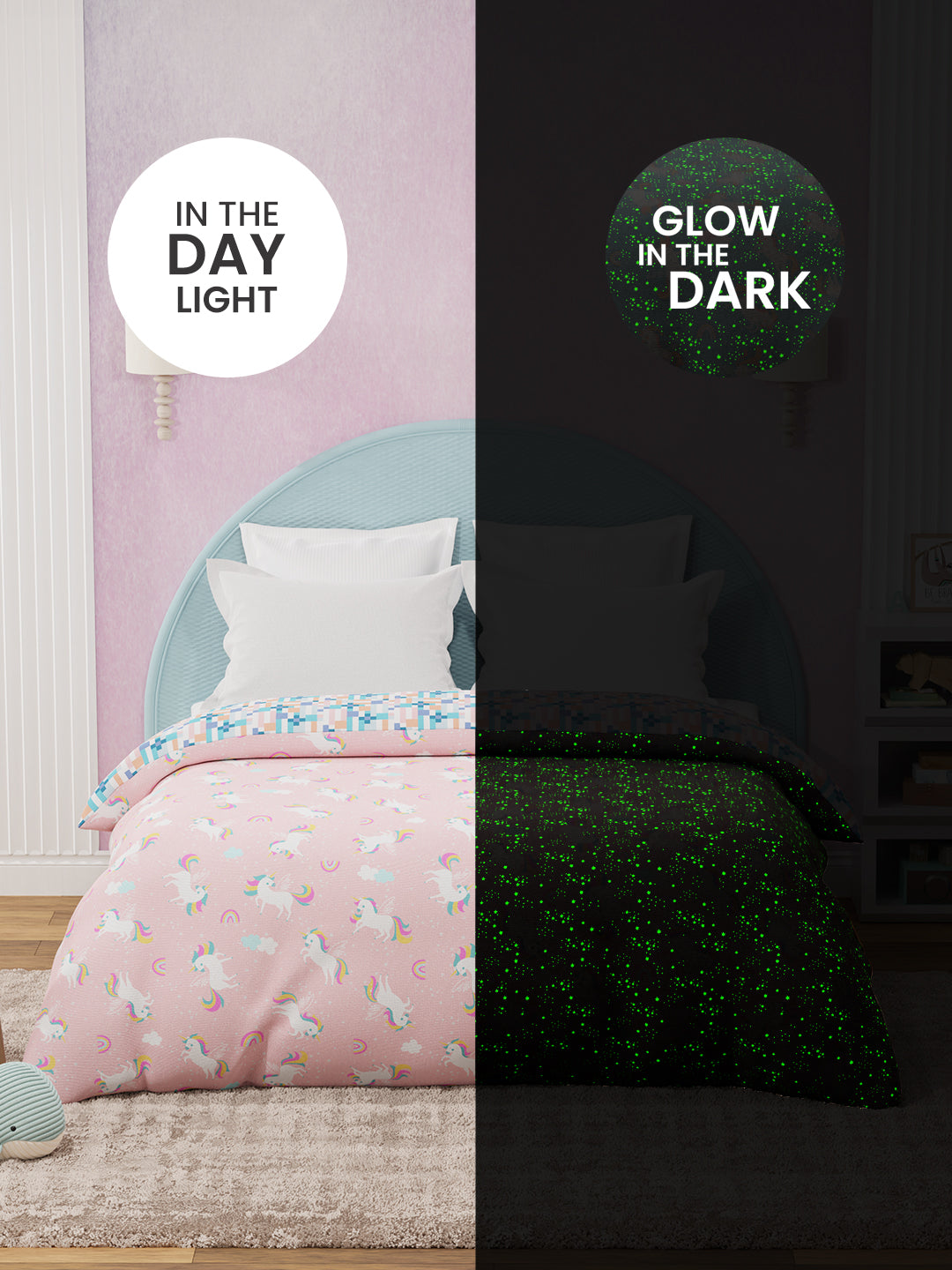 100% Cotton Pink Reversible Double Comforter For Kids, 200 TC Unicorn Print, Rock N Room Collection