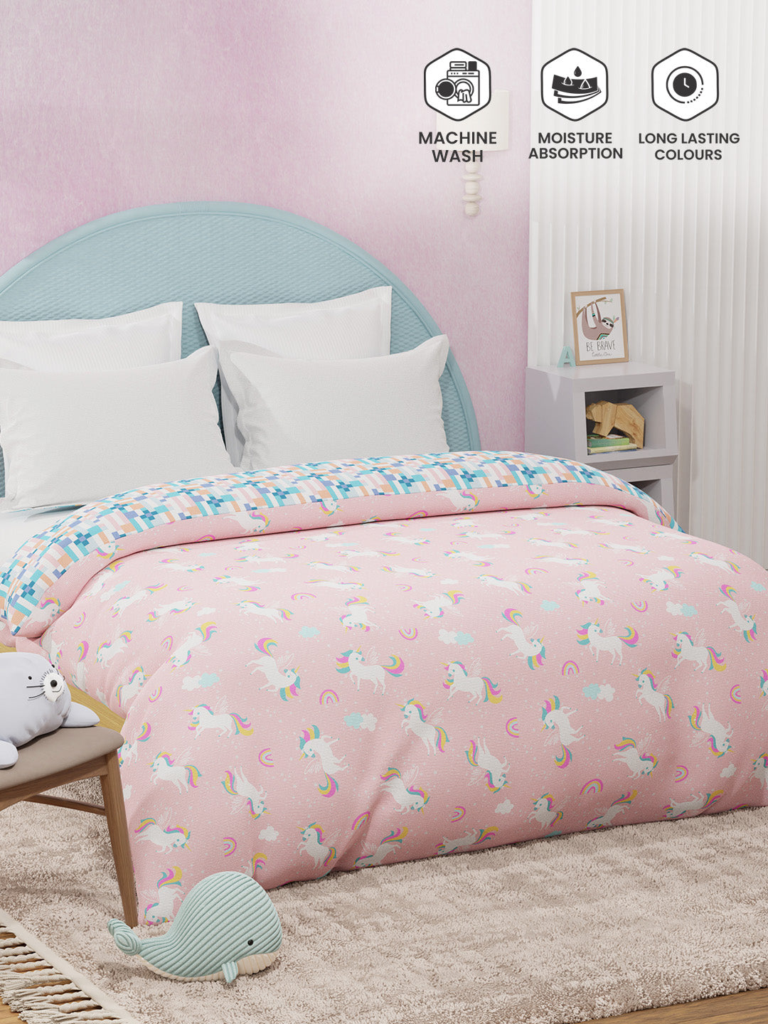 100% Cotton Pink Reversible Double Comforter For Kids, 200 TC Unicorn Print, Rock N Room Collection