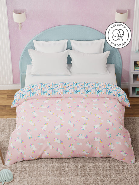 100% Cotton Pink Reversible Double Comforter For Kids, 200 TC Unicorn Print, Rock N Room Collection