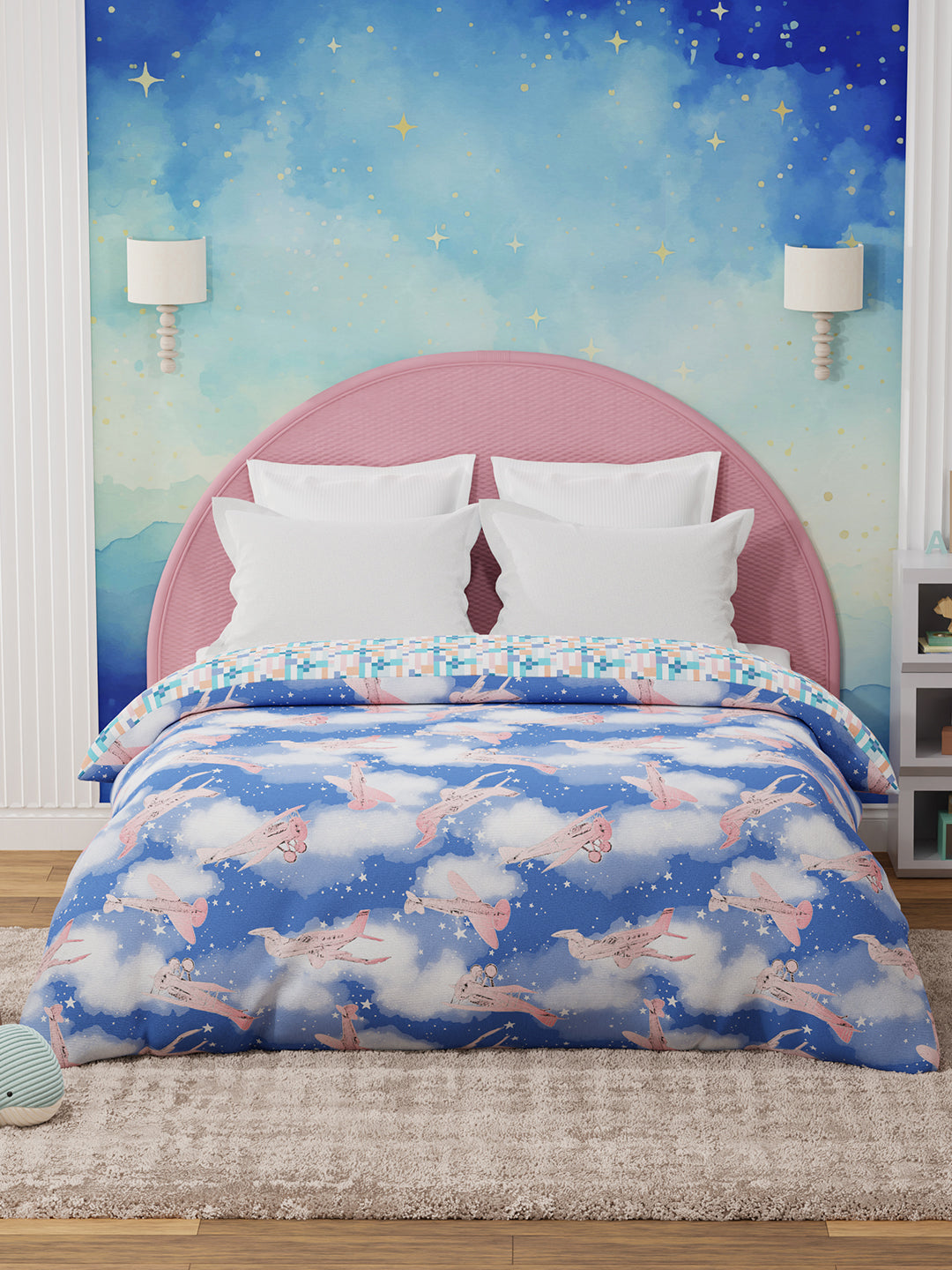 100% Cotton Blue Reversible Double Comforter For Kids, 200 TC Airplane Print, Rock N Room Collection
